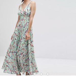 Darling London Size 8 Green Pink  Maxi Dress Sleeveless‎ Floral Tie Back Lined